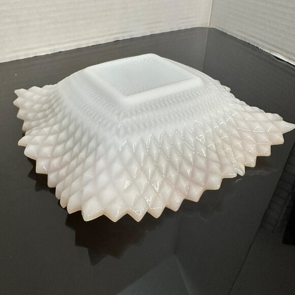 VTG Indiana Glass Iridescent Milk Glass Dish Diamond Point Sawtooth Edge 8" - Picture 3 of 6